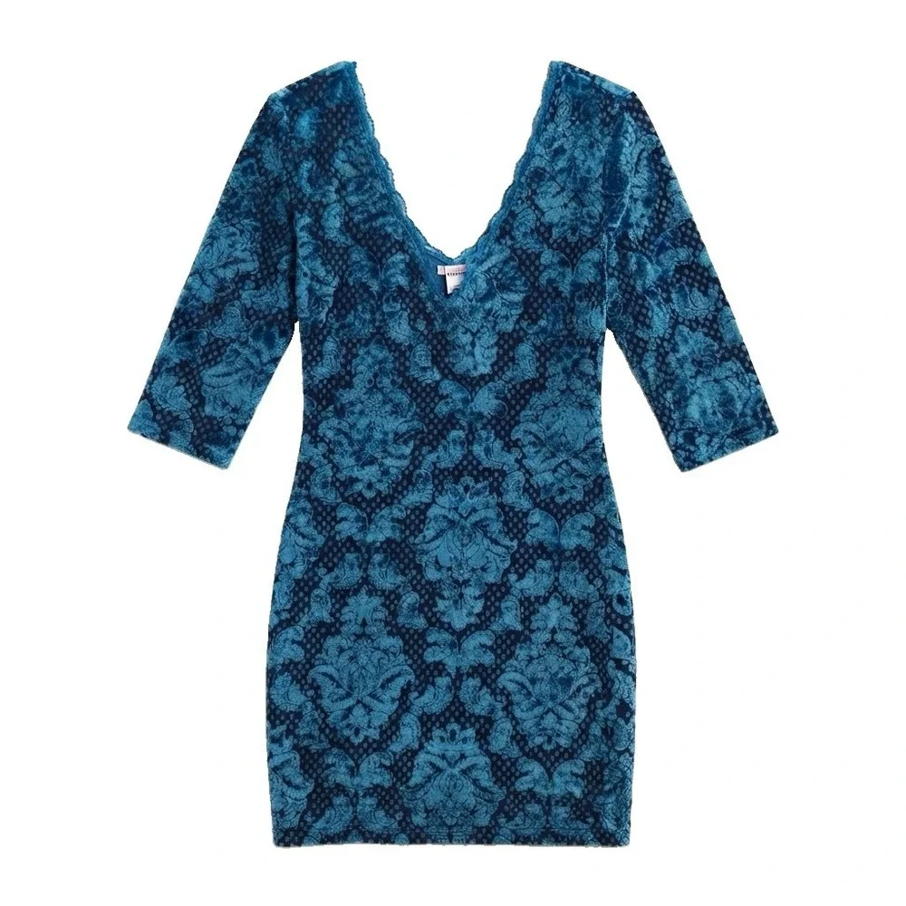 Intimately Free People Dress Womens Small Teal Blue Burnout Velvet Floral V Neck